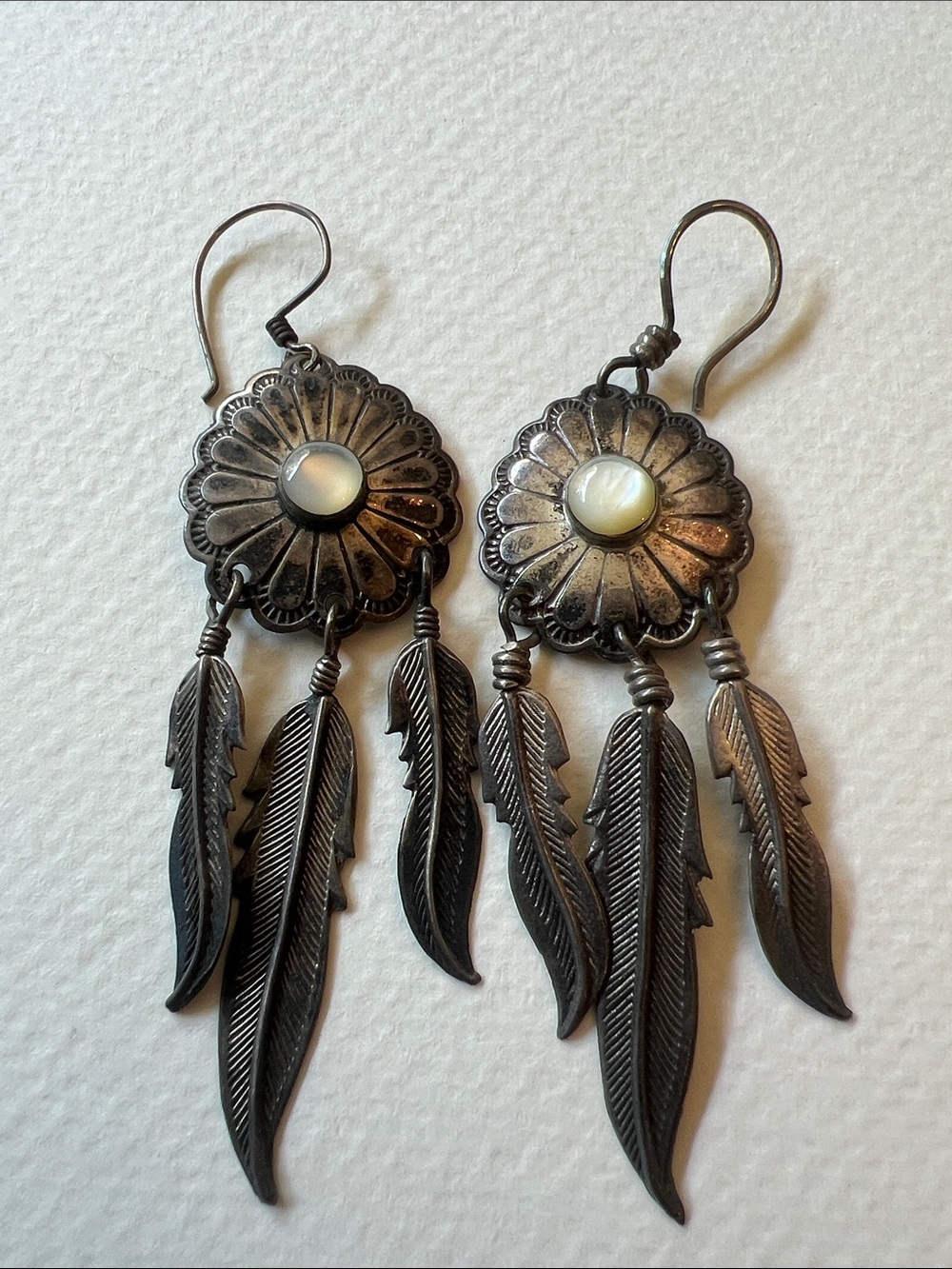 Sterling Silver Mother-of-Pearl Concho Feather Drop Earrings